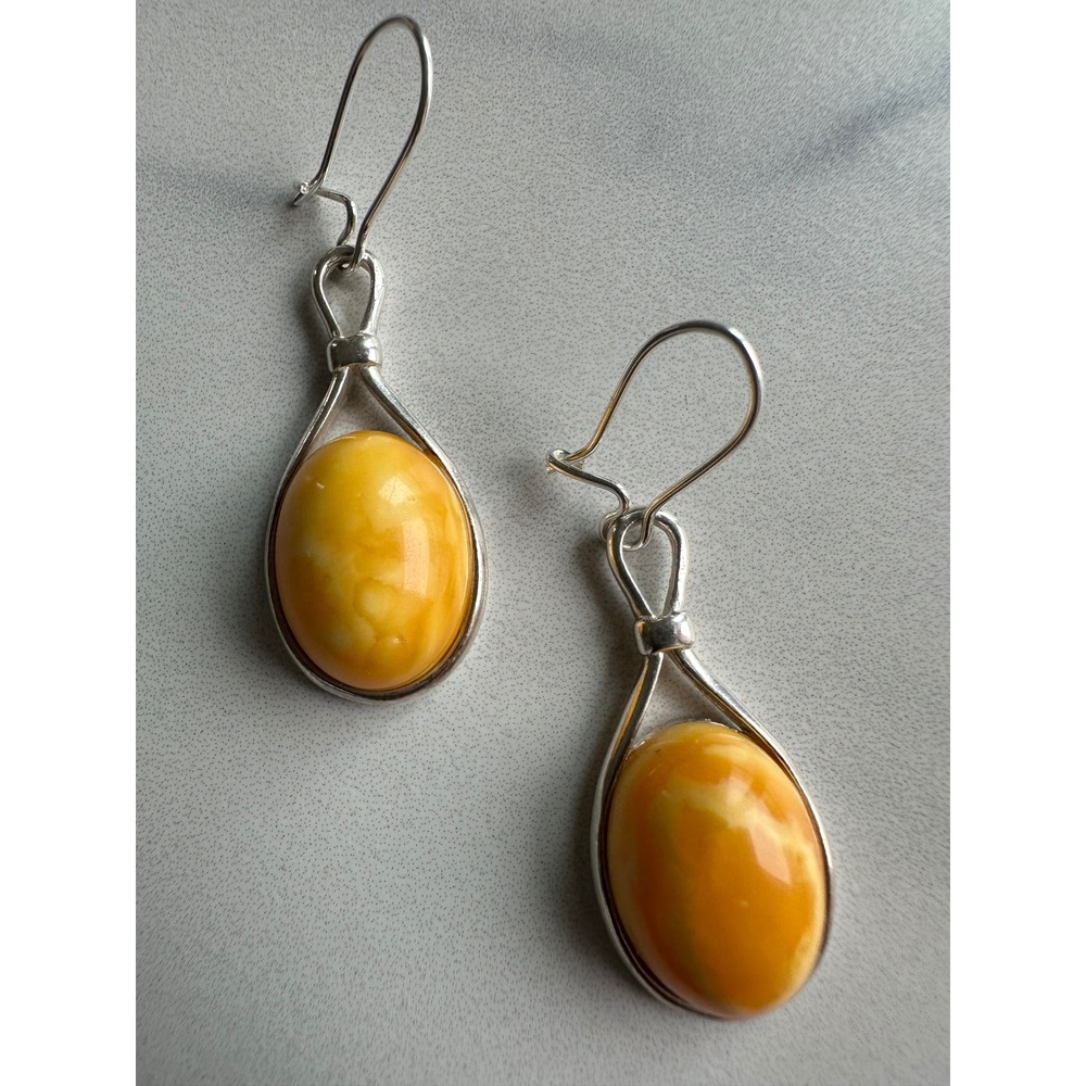 Vintage Sterling Silver Butterscotch Egg Yolk Amber Dangle Earrings 925 Oval